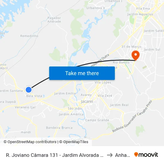 R. Joviano Câmara 131 - Jardim Alvorada Jacareí - SP 12332-170 Brasil to Anhanguera map