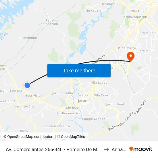 Av. Comerciantes 266-340 - Primeiro De Maio Jacareí - SP 12332-590 Brasil to Anhanguera map