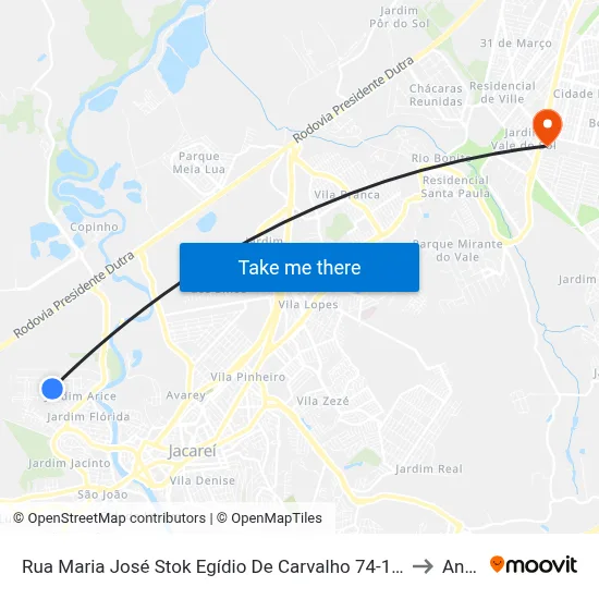 Rua Maria José Stok Egídio De Carvalho 74-102 - Jardim Emília Jacareí - SP 12321-430 República Federativa Do Brasil to Anhanguera map