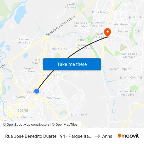 Rua José Benedito Duarte 194 - Parque Itamarati Jacareí - SP 12307-200 Brasil to Anhanguera map