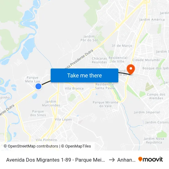Avenida Dos Migrantes 1-89 - Parque Meia Lua Jacareí - SP Brasil to Anhanguera map