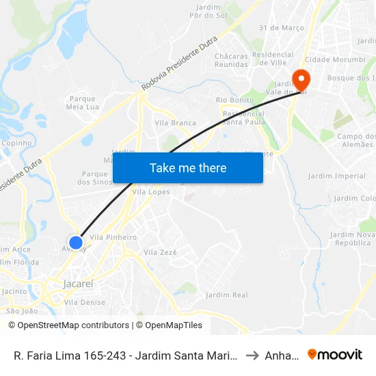 R. Faria Lima 165-243 - Jardim Santa Maria Jacareí - SP 12328-070 Brasil to Anhanguera map