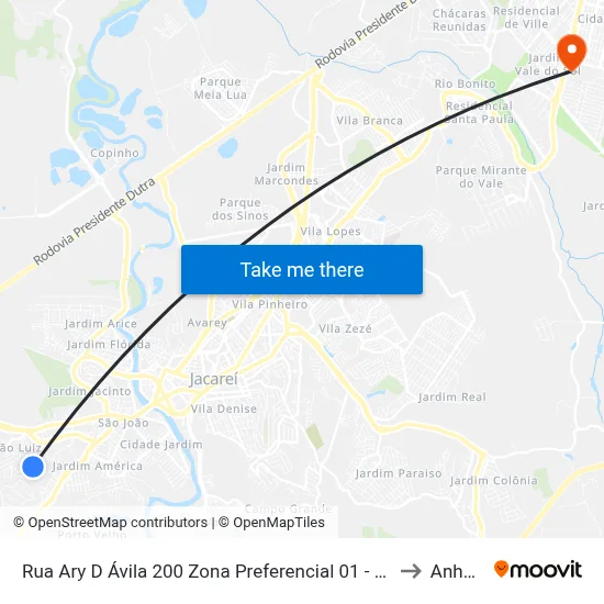 Rua Ary D Ávila 200 Zona Preferencial 01 - Zap 1 Jacareí - São Paulo 12323 Brasil to Anhanguera map