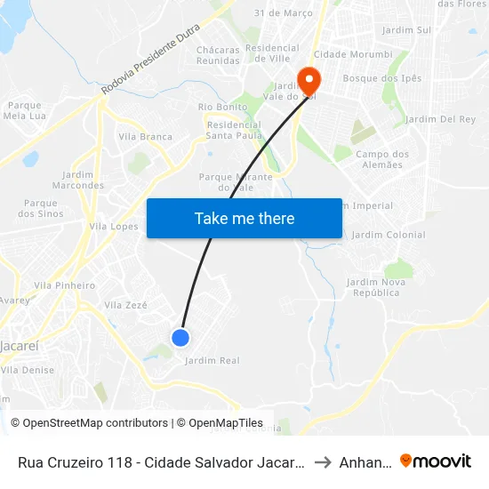 Rua Cruzeiro 118 - Cidade Salvador Jacareí - SP 12312-160 Brasil to Anhanguera map