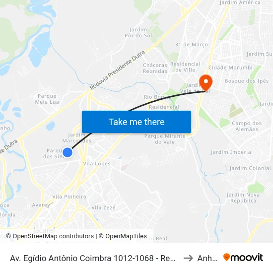 Av. Egídio Antônio Coimbra 1012-1068 - Res. Parque Dos Sinos Jacareí - SP 12328-513 Brasil to Anhanguera map