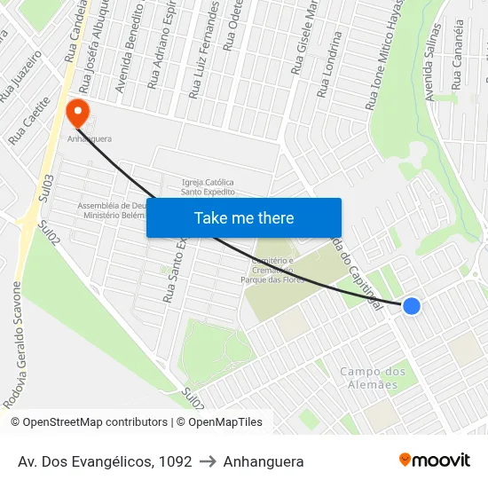 Av. Dos Evangélicos, 1092 to Anhanguera map