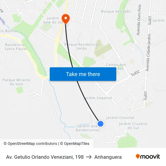 Av. Getulio Orlando Veneziani, 198 to Anhanguera map