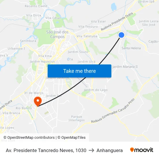 Av. Presidente Tancredo Neves, 1030 to Anhanguera map