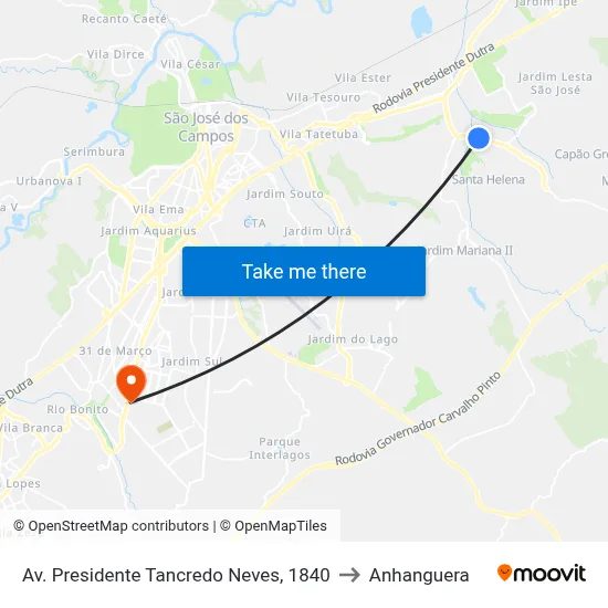 Av. Presidente Tancredo Neves, 1840 to Anhanguera map