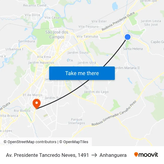 Av. Presidente Tancredo Neves, 1491 to Anhanguera map