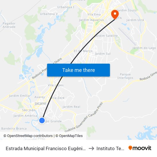 Estrada Municipal Francisco Eugênio Bicudo 140-372 - Jardim Colinas Jacareí - SP 12319-010 Brasil to Instituto Tecnológico De Aeronautica map