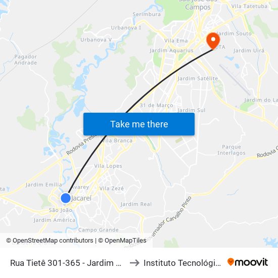 Rua Tietê 301-365 - Jardim Paraíba Jacareí - SP Brasil to Instituto Tecnológico De Aeronautica map