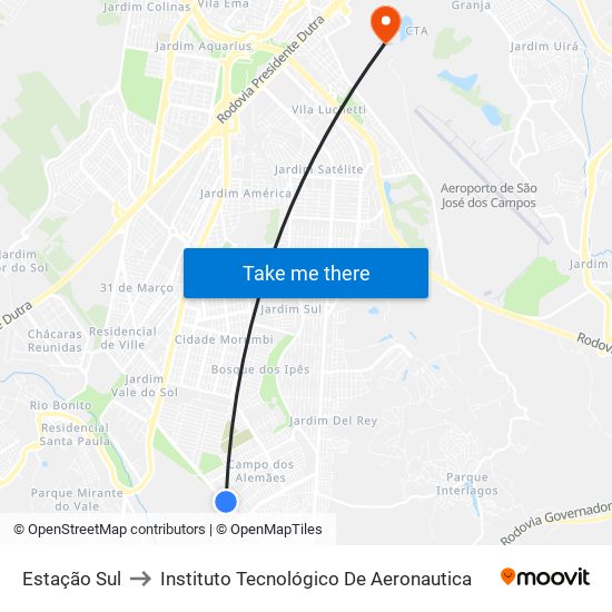 Estação Sul to Instituto Tecnológico De Aeronautica map