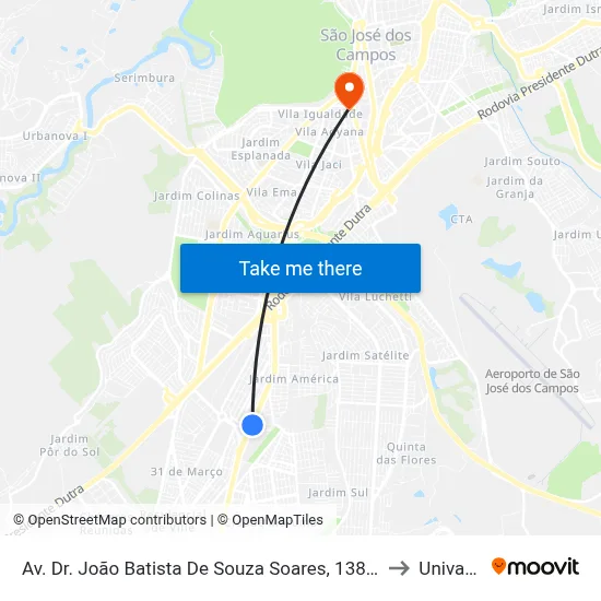 Av. Dr. João Batista De Souza Soares, 1385 - Jardim America, São José Dos Campos to Univap - Direito map
