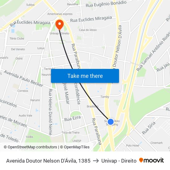 Avenida Doutor Nelson D'Ávila, 1385 to Univap - Direito map