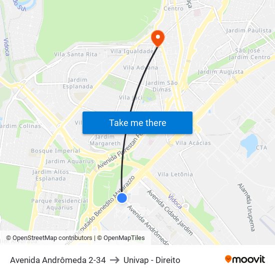 Avenida Andrômeda 2-34 to Univap - Direito map