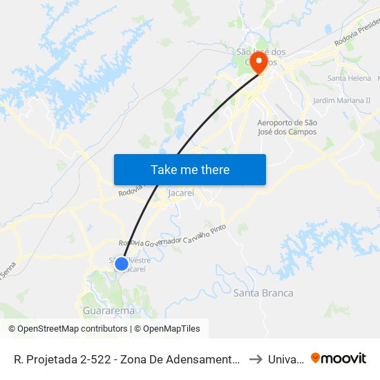 R. Projetada 2-522 - Zona De Adensamento Controlado (Zac - São Silvestre) Jacareí - SP Brasil to Univap - Direito map