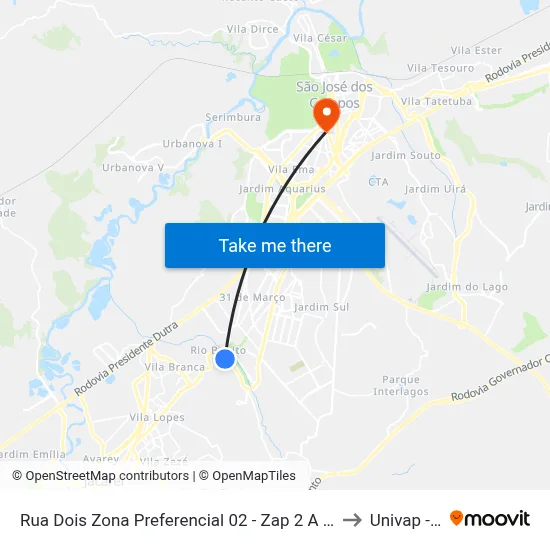 Rua Dois Zona Preferencial 02 - Zap 2 A Jacareí - São Paulo Brasil to Univap - Direito map