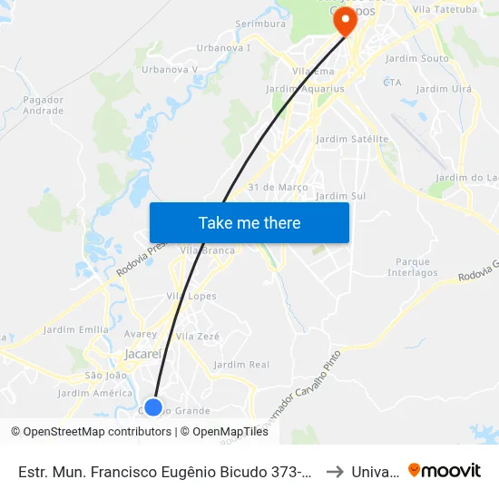 Estr. Mun. Francisco Eugênio Bicudo 373-619 - Jardim Colinas Jacareí - SP 12319-010 Brasil to Univap - Direito map
