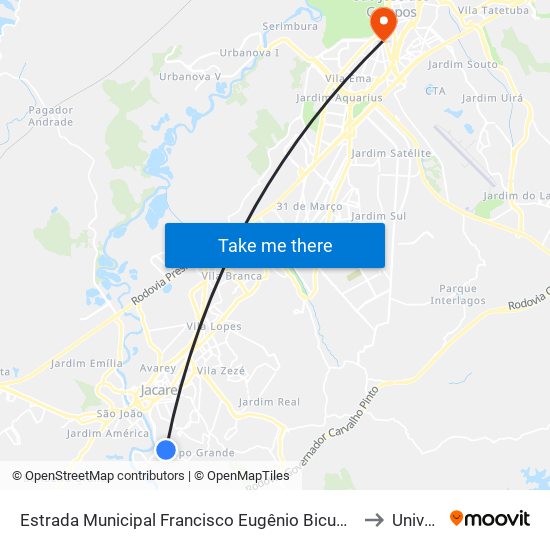 Estrada Municipal Francisco Eugênio Bicudo 140-372 - Jardim Colinas Jacareí - SP 12319-010 Brasil to Univap - Direito map