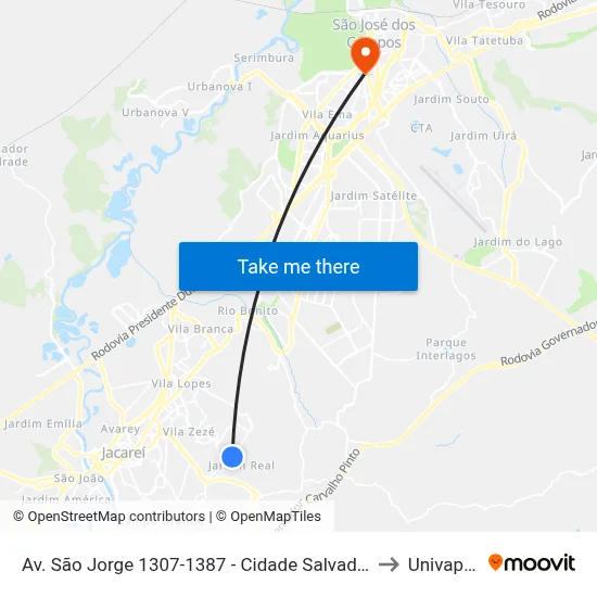 Av. São Jorge 1307-1387 - Cidade Salvador Jacareí - SP 12312-130 Brasil to Univap - Direito map