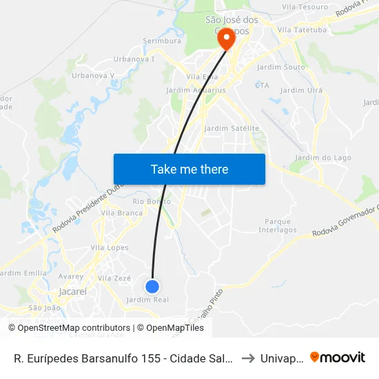 R. Eurípedes Barsanulfo 155 - Cidade Salvador Jacareí - SP 12312-370 Brasil to Univap - Direito map