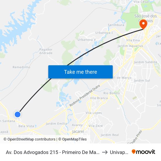 Av. Dos Advogados 215 - Primeiro De Maio Jacareí - SP 12332-510 Brasil to Univap - Direito map