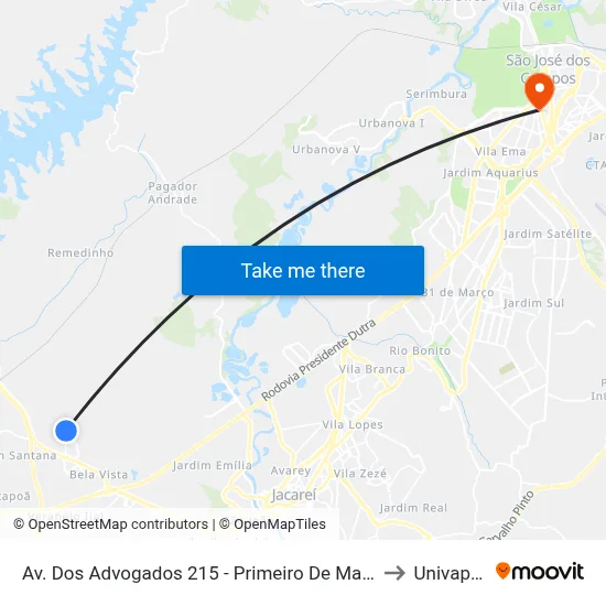 Av. Dos Advogados 215 - Primeiro De Maio Jacareí - SP 12332-510 Brasil to Univap - Direito map