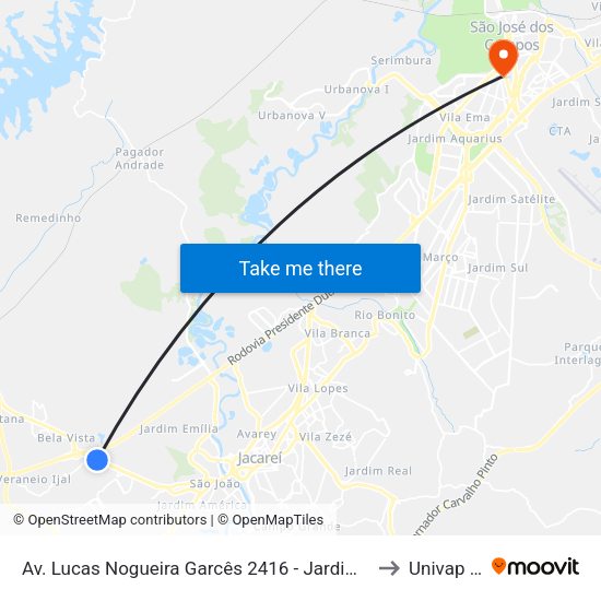 Av. Lucas Nogueira Garcês 2416 - Jardim Esperanca Jacareí - SP Brasil to Univap - Direito map