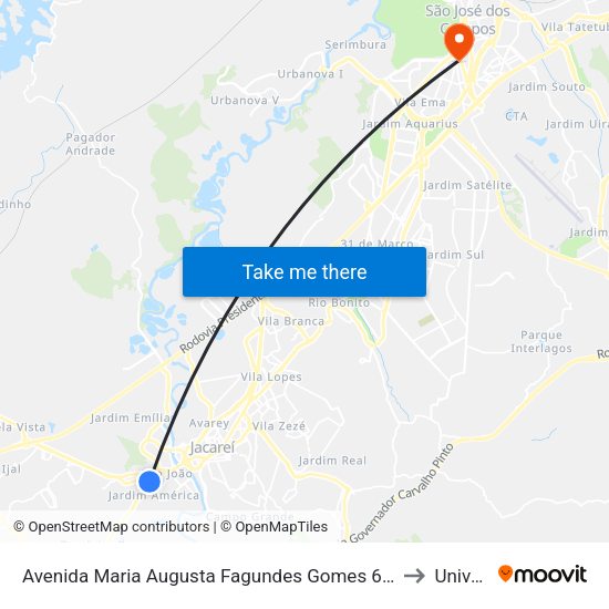 Avenida Maria Augusta Fagundes Gomes 69-149 - Residencial São Paulo Jacareí - SP 12322-300 Brasil to Univap - Direito map