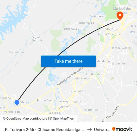 R. Turivara 2-66 - Chácaras Reunidas Igarapes Jacareí - SP 12330-030 Brasil to Univap - Direito map