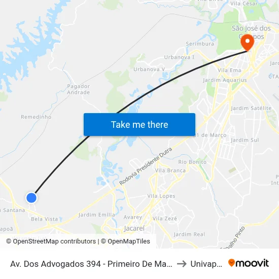 Av. Dos Advogados 394 - Primeiro De Maio Jacareí - SP 12332-510 Brasil to Univap - Direito map