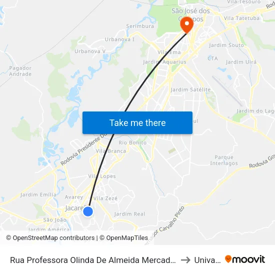 Rua Professora Olinda De Almeida Mercadante 466-526 - Centro Jacareí - SP 12308-420 Brasil to Univap - Direito map