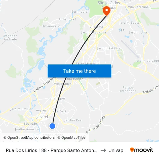 Rua Dos Lírios 188 - Parque Santo Antonio Jacareí - SP 12309-660 Brasil to Univap - Direito map