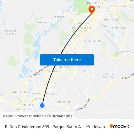 R. Dos Crisântemos 399 - Parque Santo Antonio Jacareí - SP 12309-700 Brasil to Univap - Direito map
