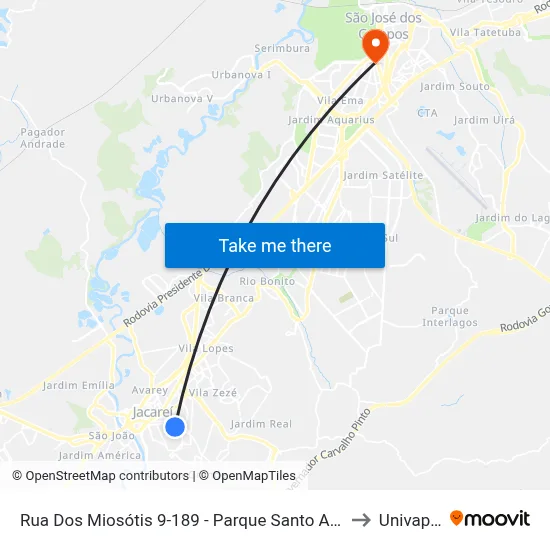 Rua Dos Miosótis 9-189 - Parque Santo Antonio Jacareí - SP 12309-350 Brasil to Univap - Direito map