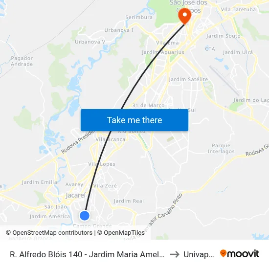 R. Alfredo Blóis 140 - Jardim Maria Amelia Jacareí - SP 12309-720 Brasil to Univap - Direito map