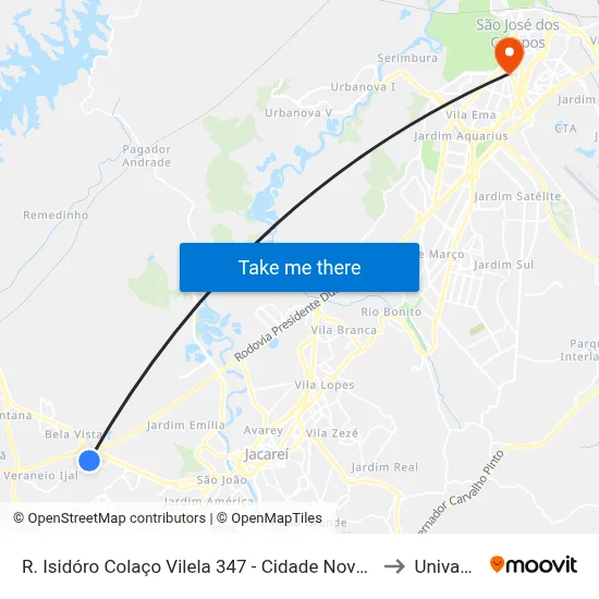 R. Isidóro Colaço Vilela 347 - Cidade Nova Jacareí Jacareí - SP 12325-280 Brasil to Univap - Direito map