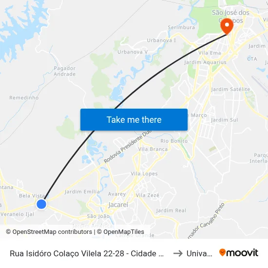 Rua Isidóro Colaço Vilela 22-28 - Cidade Nova Jacareí Jacareí - SP 12325-280 Brasil to Univap - Direito map