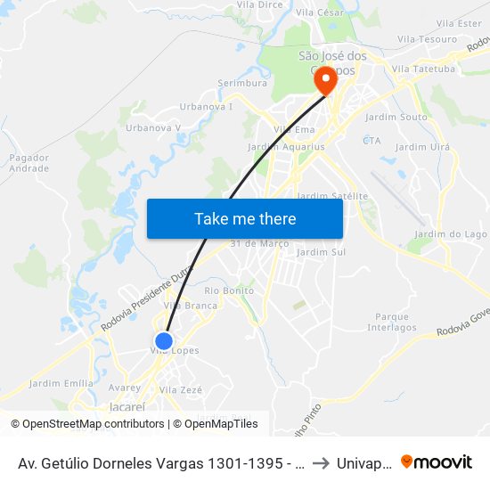 Av. Getúlio Dorneles Vargas 1301-1395 - Jardim California Jacareí - SP Brasil to Univap - Direito map