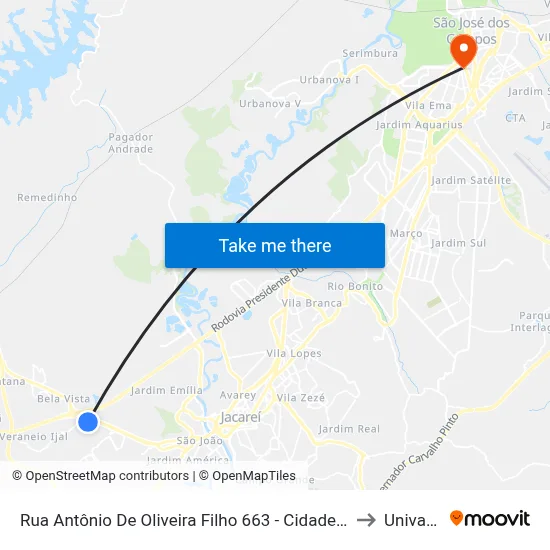 Rua Antônio De Oliveira Filho 663 - Cidade Nova Jacareí Jacareí - SP 12325-160 Brasil to Univap - Direito map