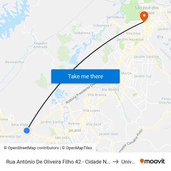 Rua Antônio De Oliveira Filho 42 - Cidade Nova Jacareí Jacareí - SP República Federativa Do Brasil to Univap - Direito map