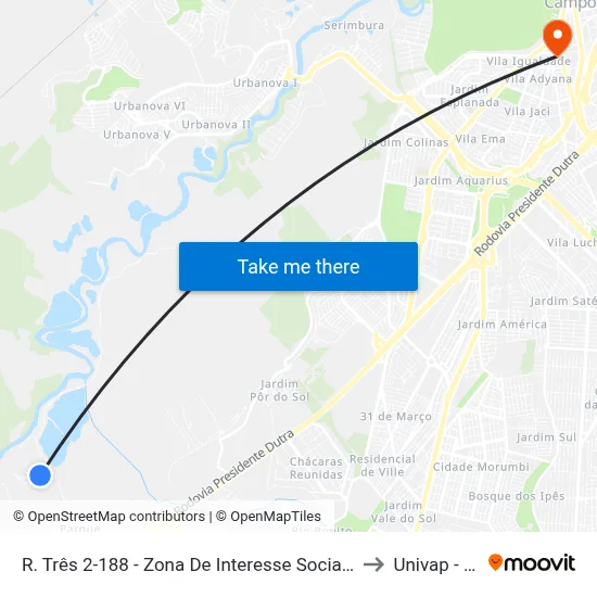 R. Três 2-188 - Zona De Interesse Social Jacareí - SP Brasil to Univap - Direito map