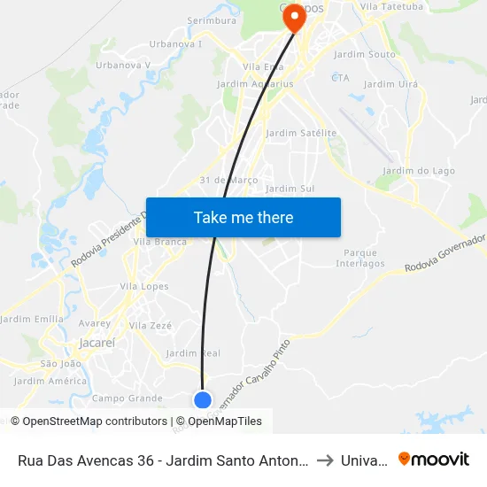 Rua Das Avencas 36 - Jardim Santo Antonio Da Boa Vista Jacareí - SP 12315-490 Brasil to Univap - Direito map