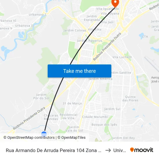 Rua Armando De Arruda Pereira 104 Zona Preferencial 01 - Zap 1 Jacareí - São Paulo 12302-018 Brasil to Univap - Direito map