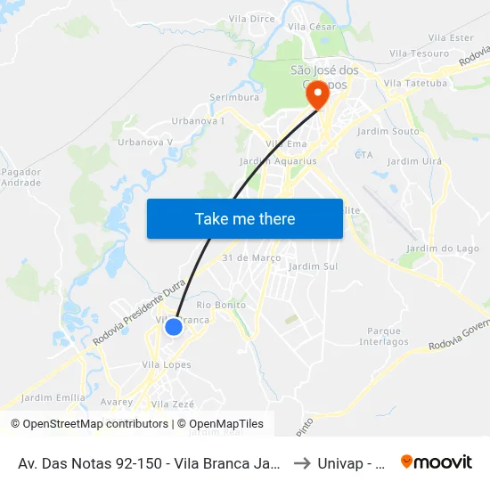 Av. Das Notas 92-150 - Vila Branca Jacareí - SP Brasil to Univap - Direito map