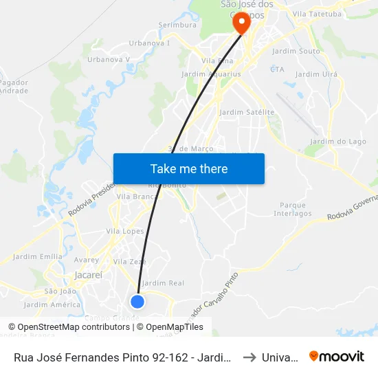 Rua José Fernandes Pinto 92-162 - Jardim Paraíso Jacareí - SP 12316-200 Brasil to Univap - Direito map