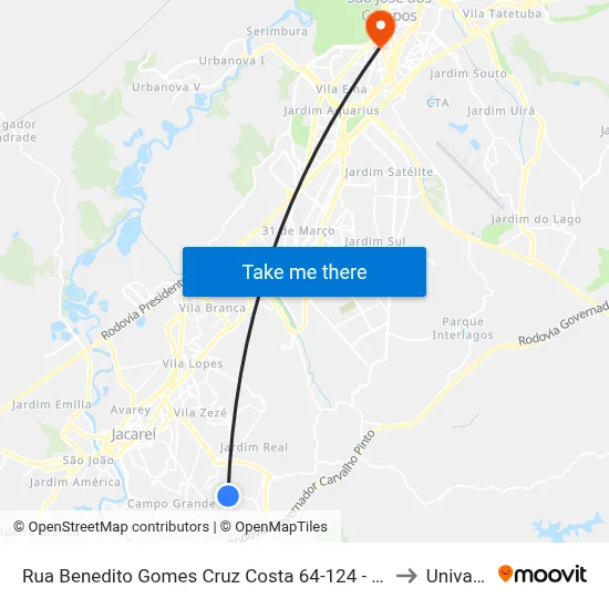 Rua Benedito Gomes Cruz Costa 64-124 - Jardim Paraíso Jacareí - SP 12316-530 Brasil to Univap - Direito map