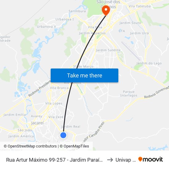 Rua Artur Máximo 99-257 - Jardim Paraíso Jacareí - SP 12316-300 Brasil to Univap - Direito map
