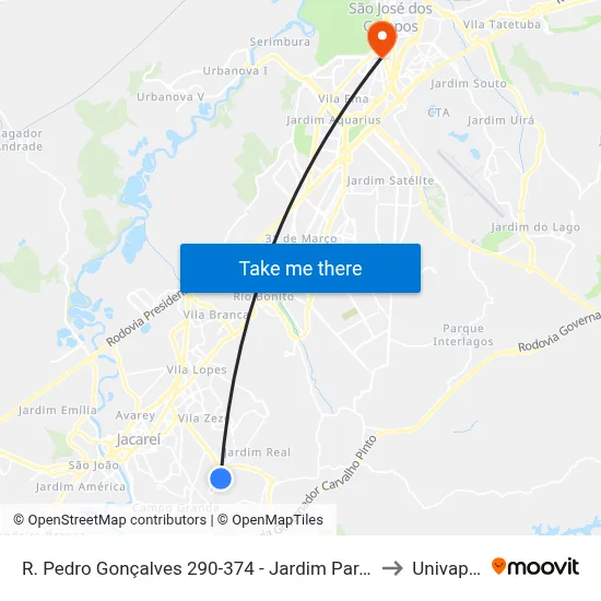 R. Pedro Gonçalves 290-374 - Jardim Paraiso Jacareí - SP 12316-220 Brasil to Univap - Direito map